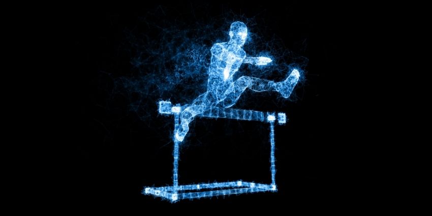 Digital person jumping over a digital hurdle