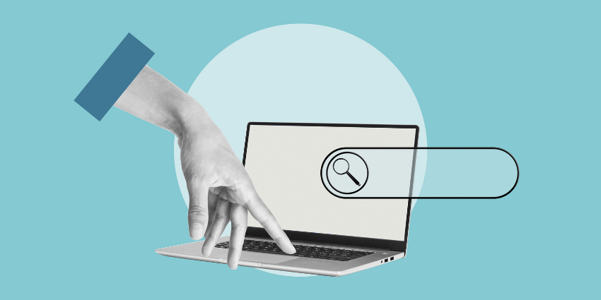 Search Engine with hand on laptop keyboard