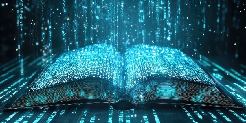 Virtualised open book with code surrounding it